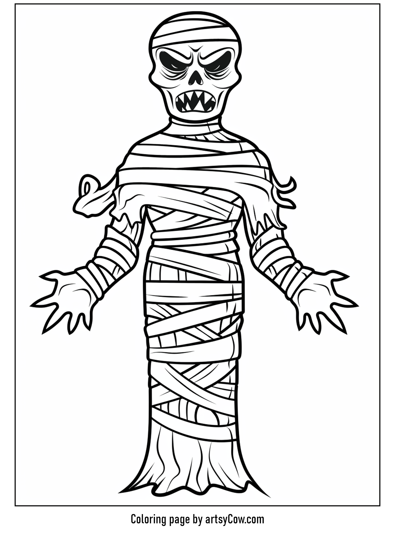 scary halloween coloring pages of a mummy wrapped in bandages, looking cartoonish and spooky, perfect for coloring